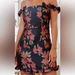Lulus Navy Floral On or Off-Shoulder Dress